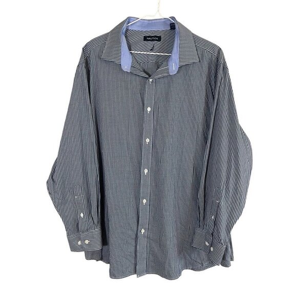 Nautica Shirt Men 17" Neck Blue Check Office Plaid Preppy Retro 80s Neutral - Picture 1 of 9